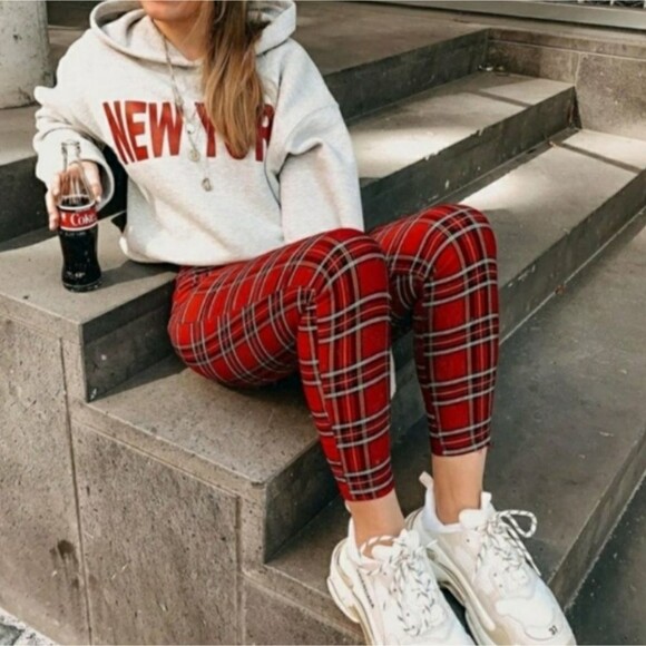 Vintage Pants - Red Black Tartan Plaid Leggings Faux Leather Trim